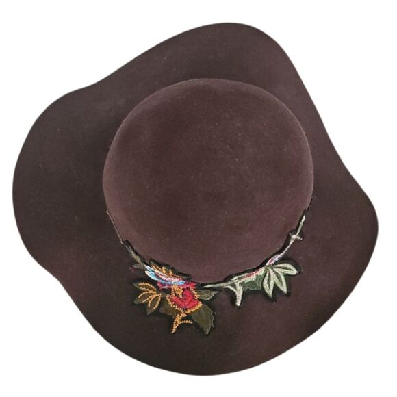 Hatch 100% Wool Wide Brim Floppy Hat Brown Floral Embroidery Festivalwear Boho - Picture 6 of 12